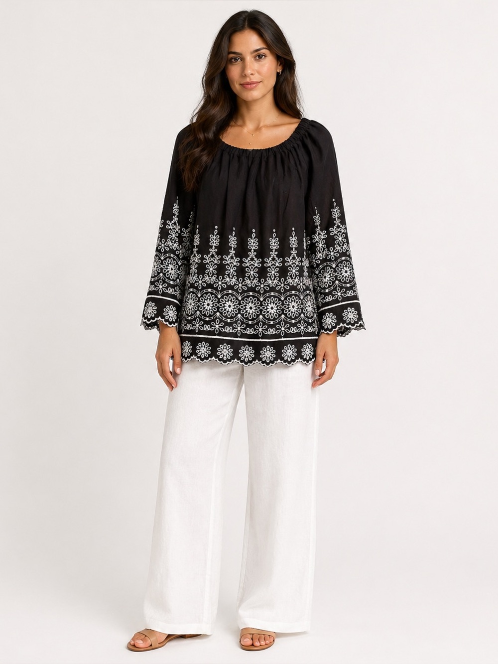 Talbots Size S 100% Cotton Black Peasant Top White Floral Embroidery